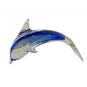 Glass Dolphin Paperweight Ocean Sea Figurine 6 in Long Cobalt Blue Clear
